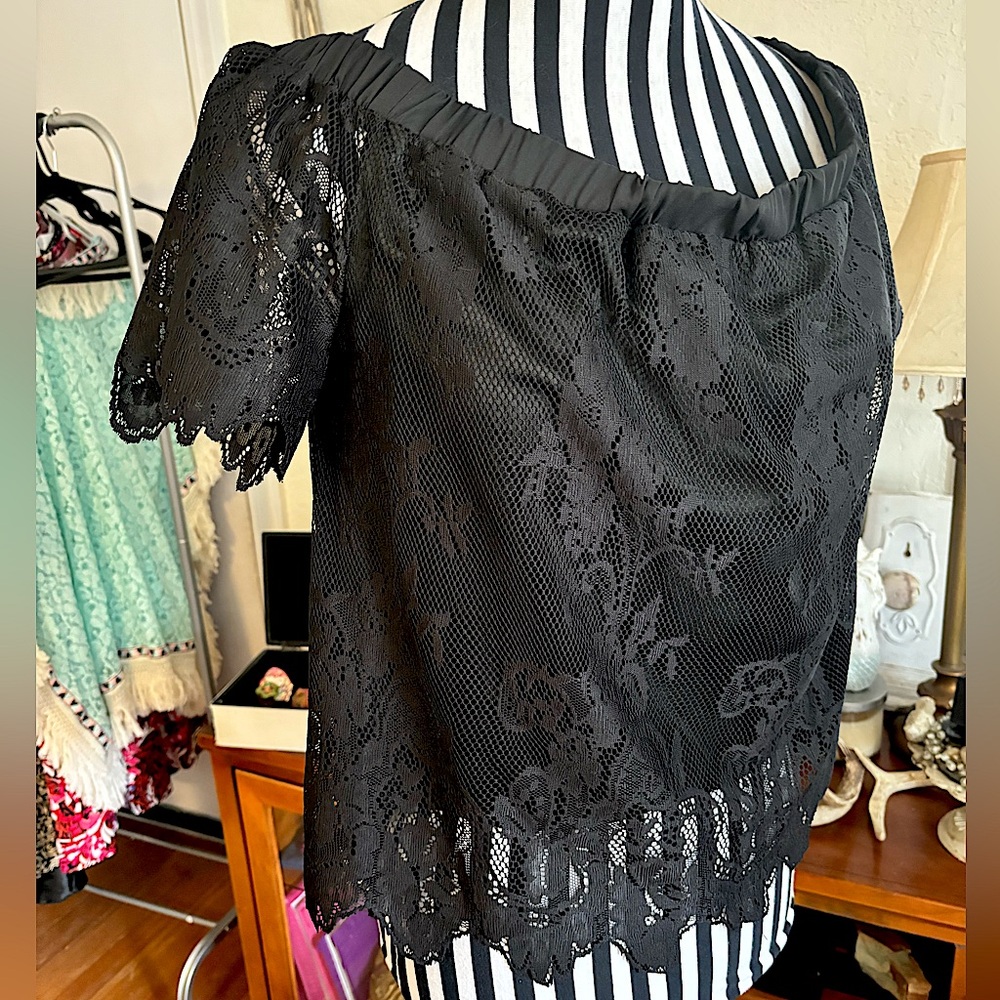 Holiday Black Lace Peasant Style Blouse, On Off Shoulders with Cut Lace Hemline